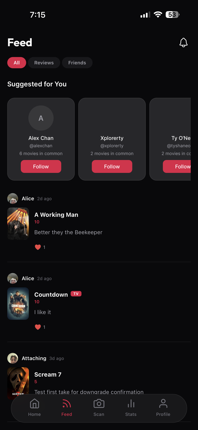 Activity feed showing friends' ratings, reviews, and First Takes